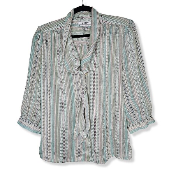 Vintage TJW By Mervyns Striped Button Up Blouse Balloon Sleeve Built in Scarf - Picture 1 of 8